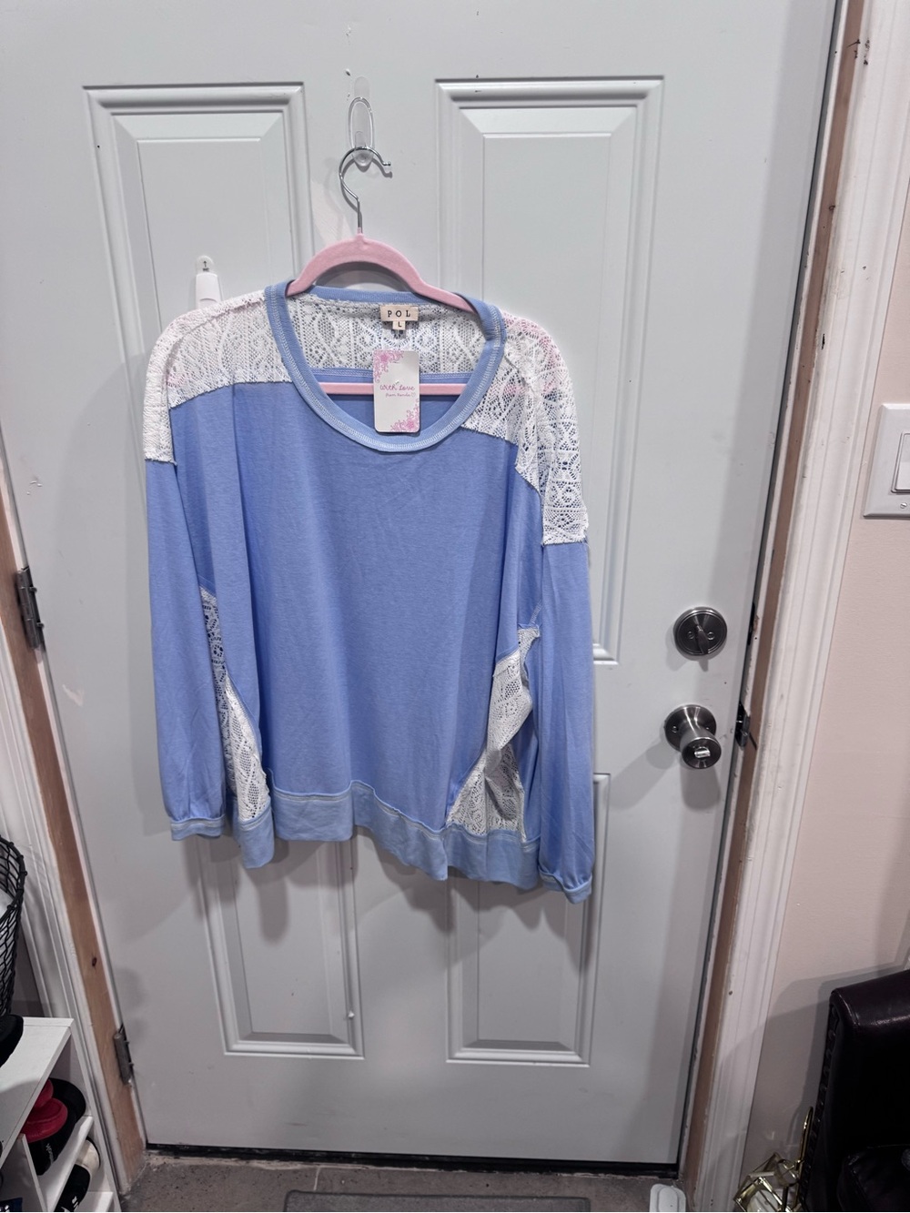 POL Light Blue Pullover with White Lace Insets size L